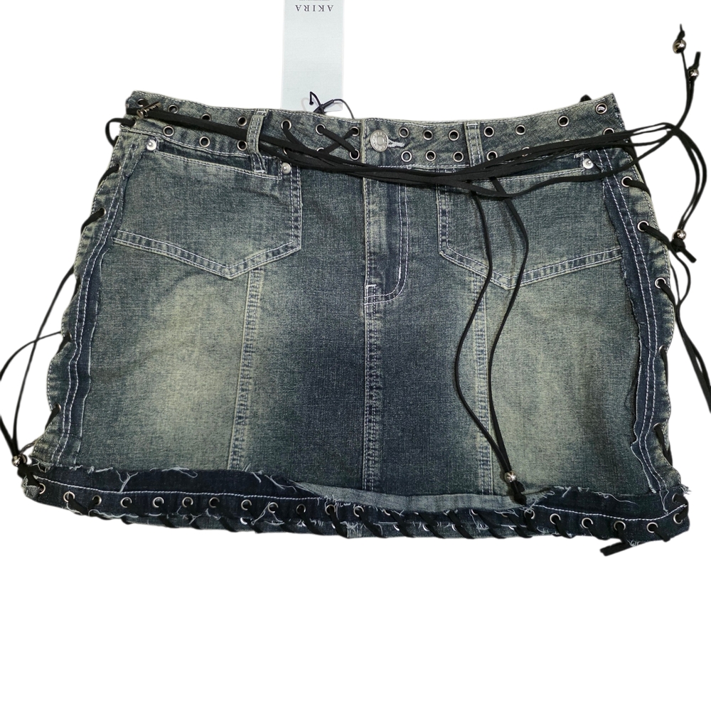AKIRA Washed Denim Lace-Up Mini Skirt - Denim